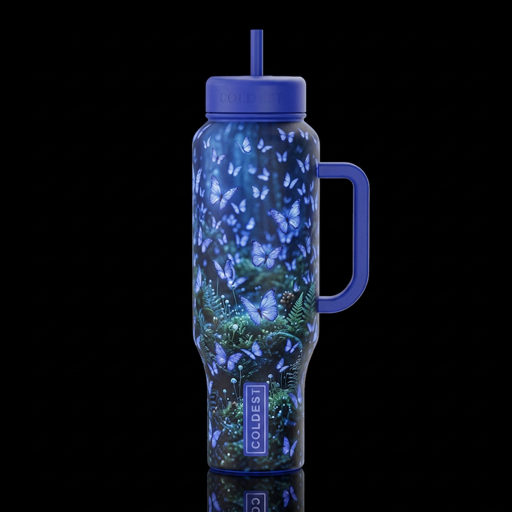 Tanzanite colored tiny butterflies in an enchanted... water bottle design