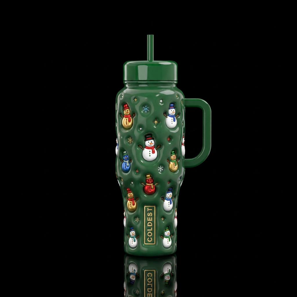 Tiny multi color snowman,glossy, trompe-l'œil, bea... water bottle design