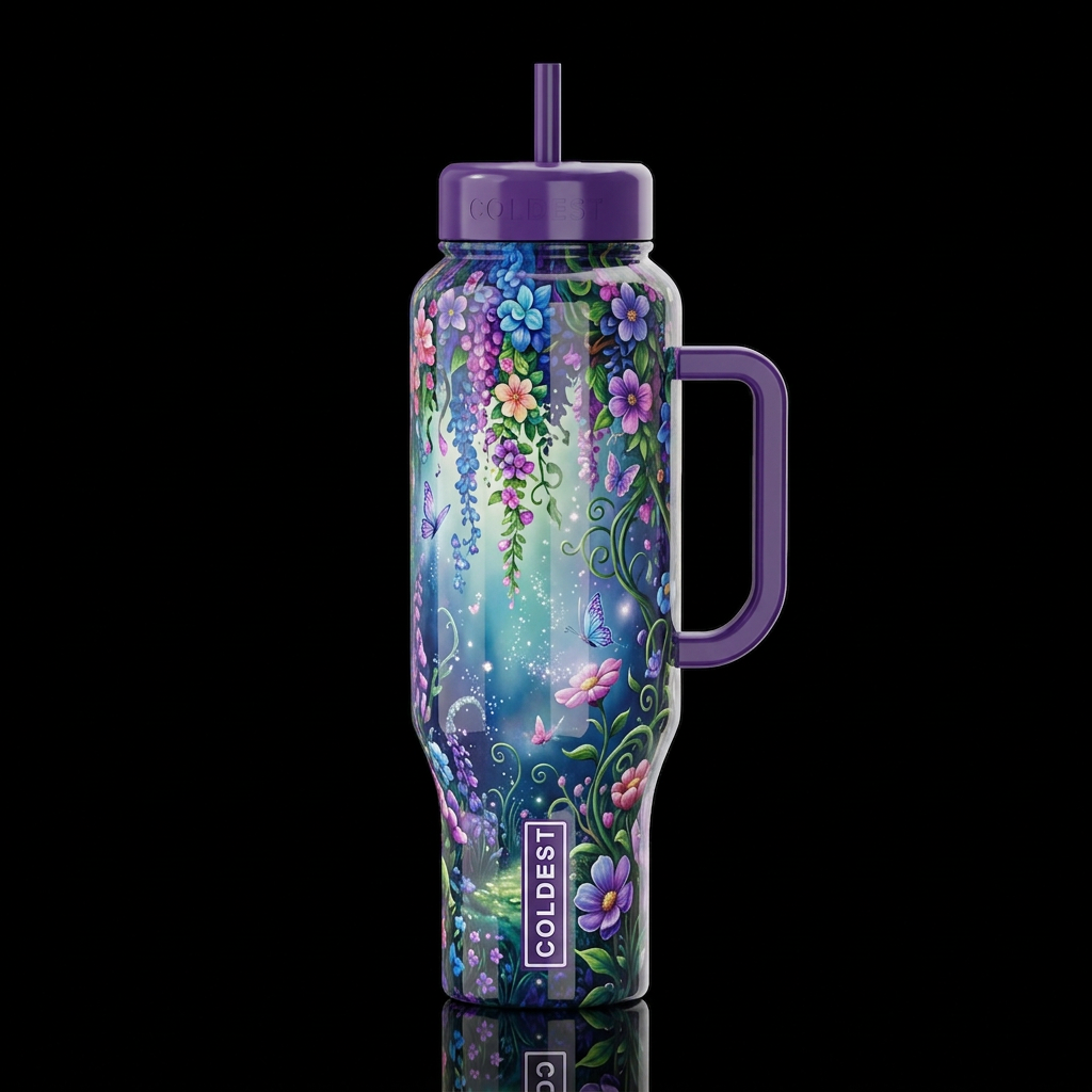 Beautiful gradient garden, whimsy,glossy, trompe-l... water bottle design