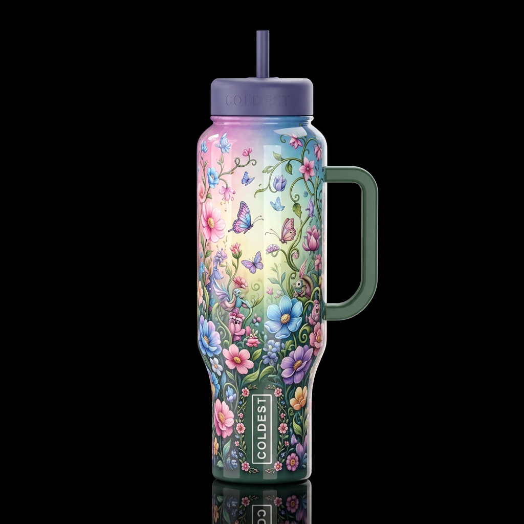 Beautiful gradient garden, whimsy,glossy, trompe-l... water bottle design