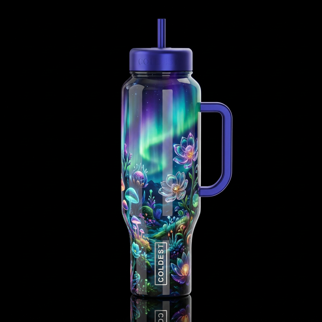 Whimsy garden under northern lights, glossy, glowi... water bottle design