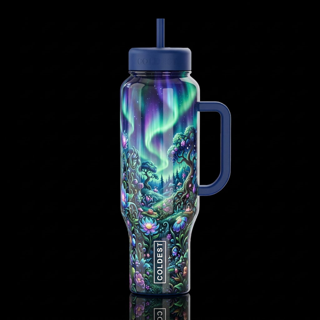 Whimsy garden under northern lights, glossy, glowi... water bottle design