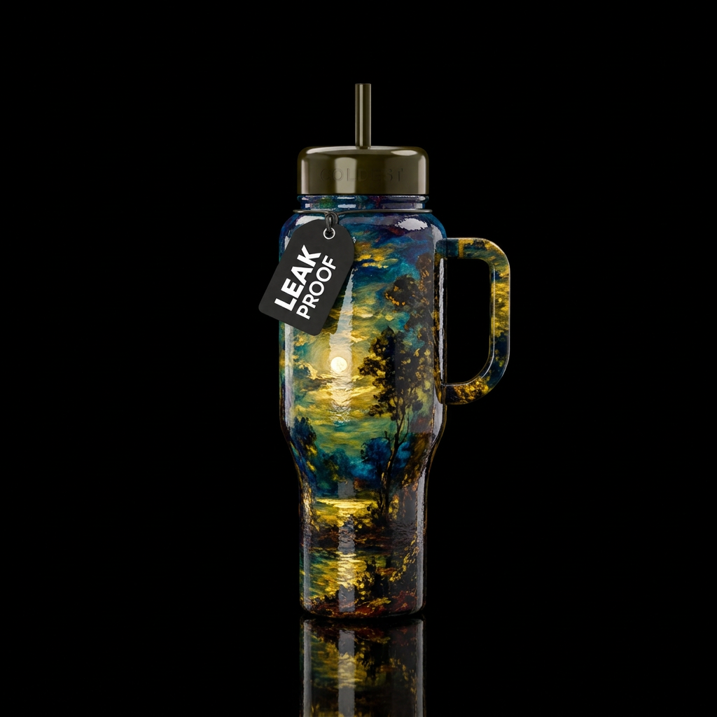 Ralph Blakelock oil painting masterpiece, glossy water bottle design