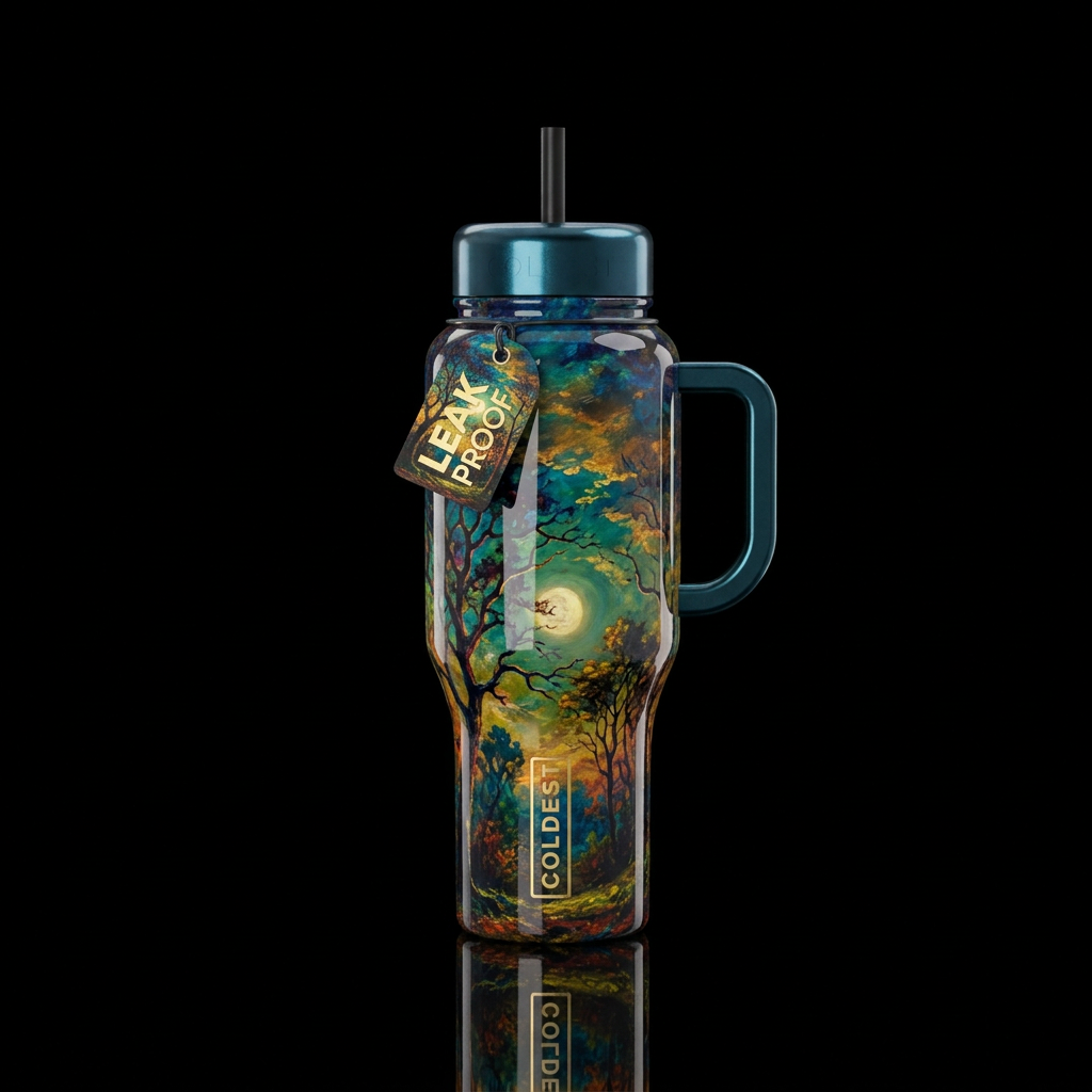 Ralph Blakelock oil painting masterpiece, glossy water bottle design