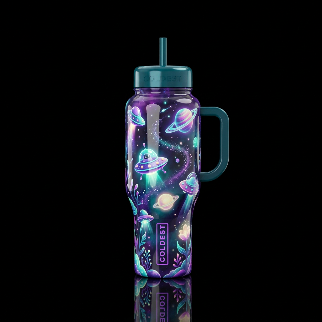 Soft maximalist, ufo,glossy, glowie, trompe-l'œil,... water bottle design