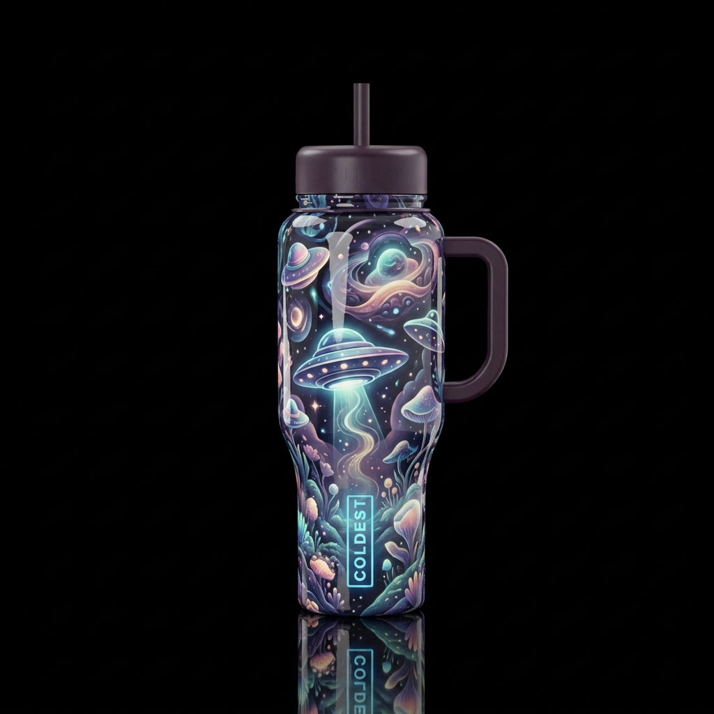 Soft maximalist, ufo,glossy, glowie, trompe-l'œil,... water bottle design