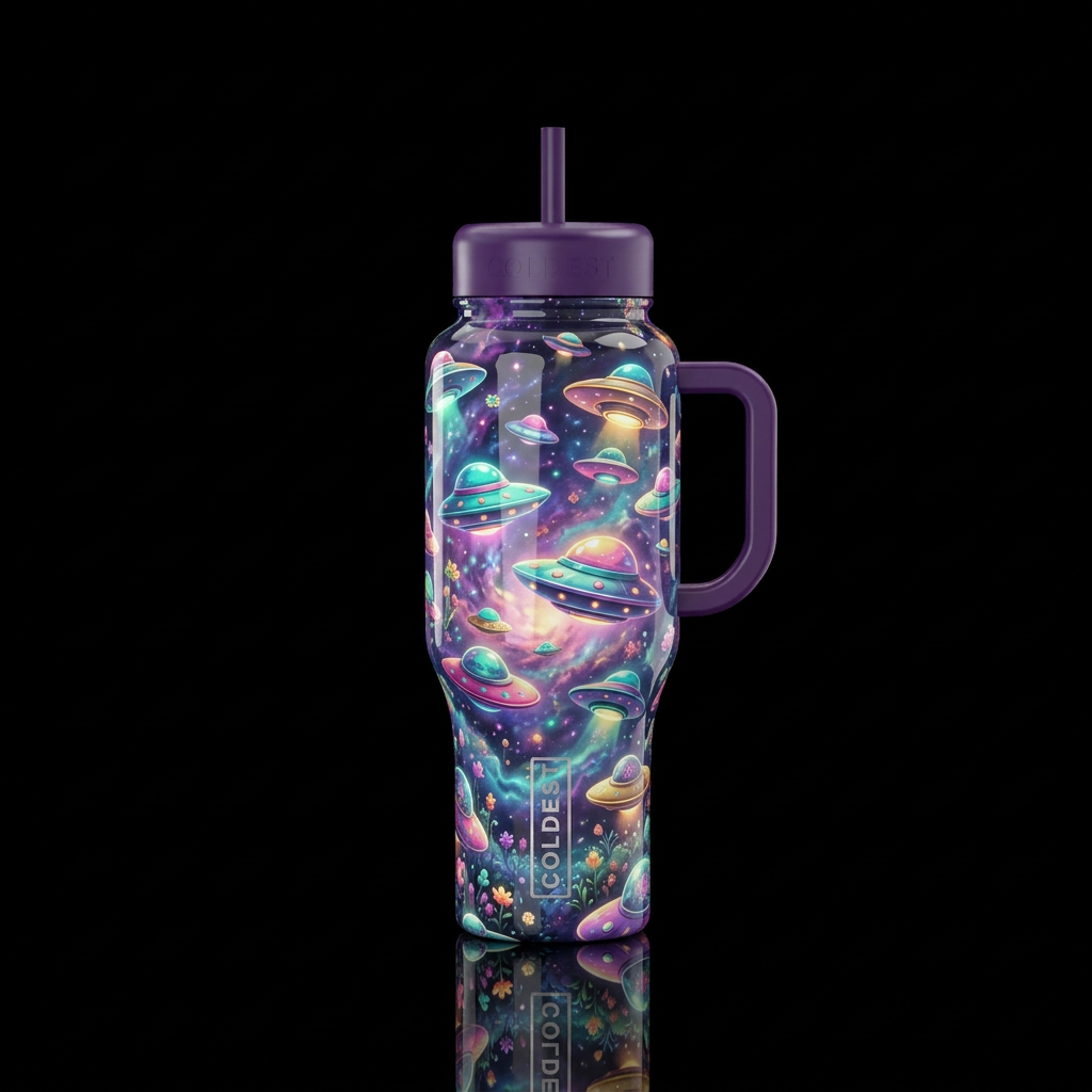 Maximalist ufo,dreamy,glossy, glowie, trompe-l'œil... water bottle design