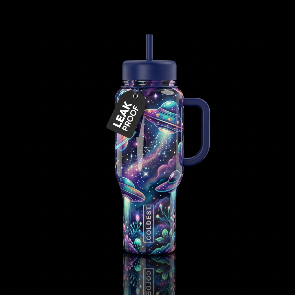 Maximalist ufo,dreamy,glossy, glowie, trompe-l'œil... water bottle design