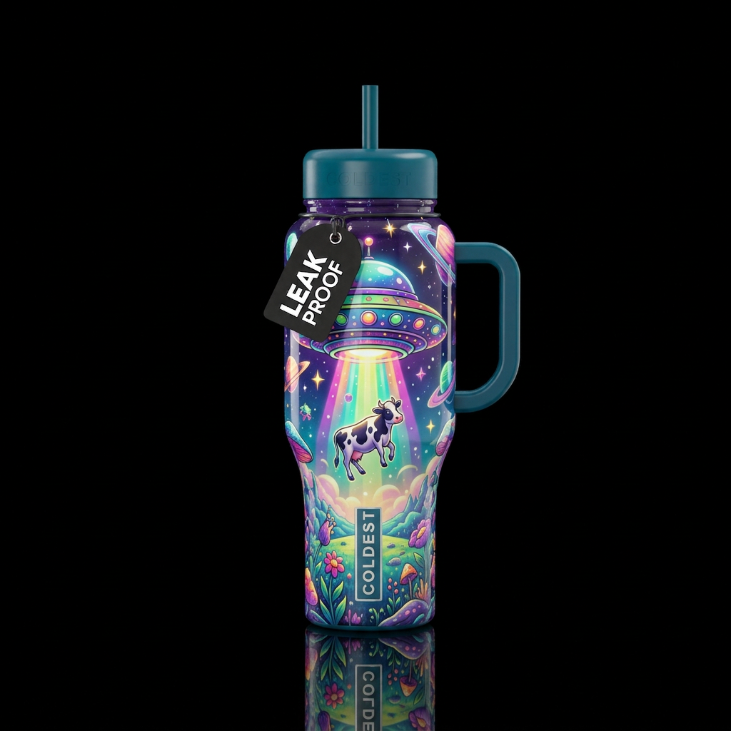 Fantasy maximalist ufo,glossy, glowie, whimsy,cow,... water bottle design