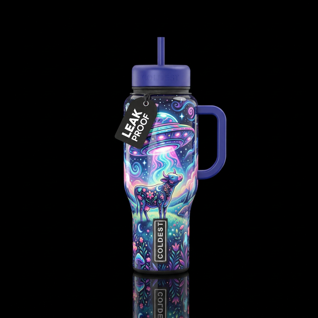 Fantasy maximalist ufo,glossy, glowie, whimsy,cow,... water bottle design