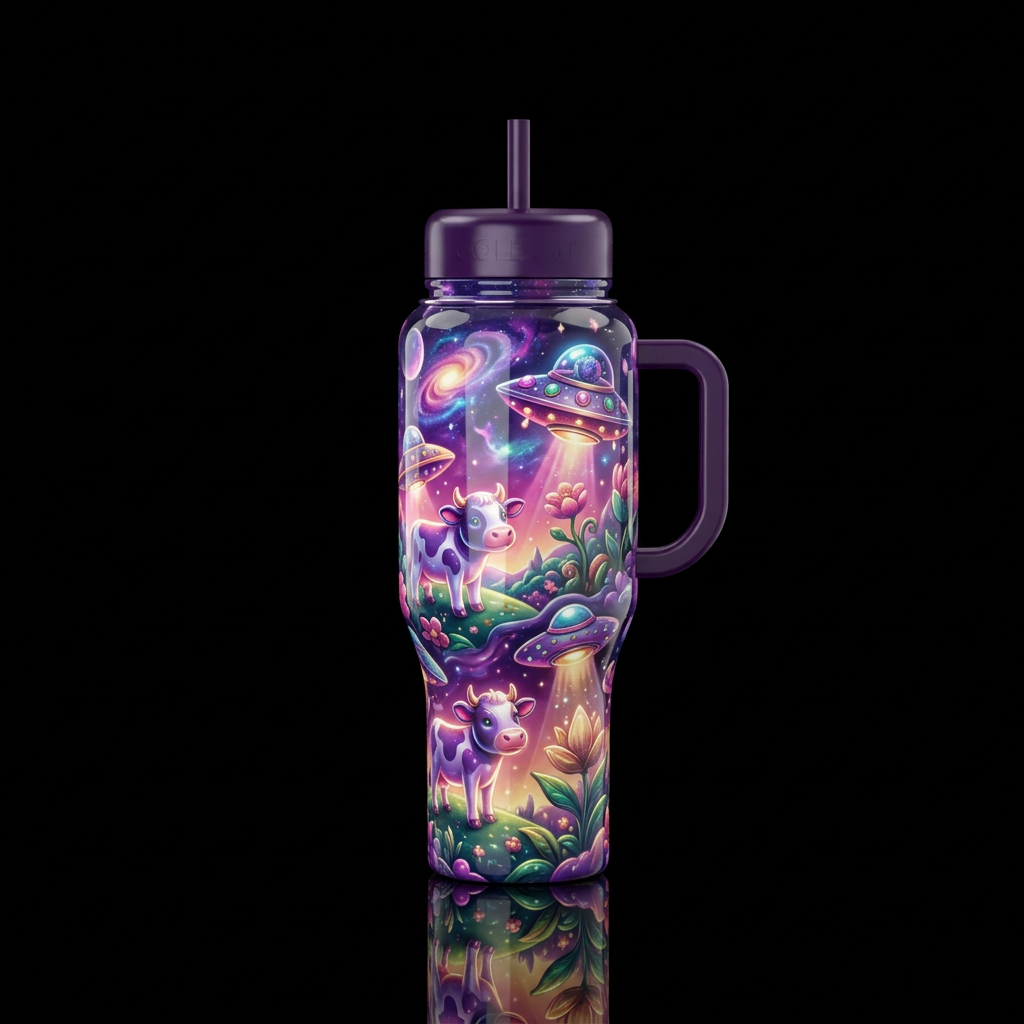 Fantasy maximalist ufo,glossy, glowie, whimsy,cow,... water bottle design
