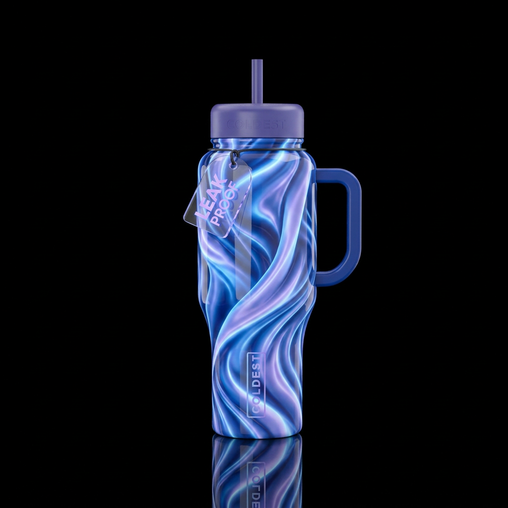 Into the fold, blue and lavender, glossy, glowie, ... water bottle design