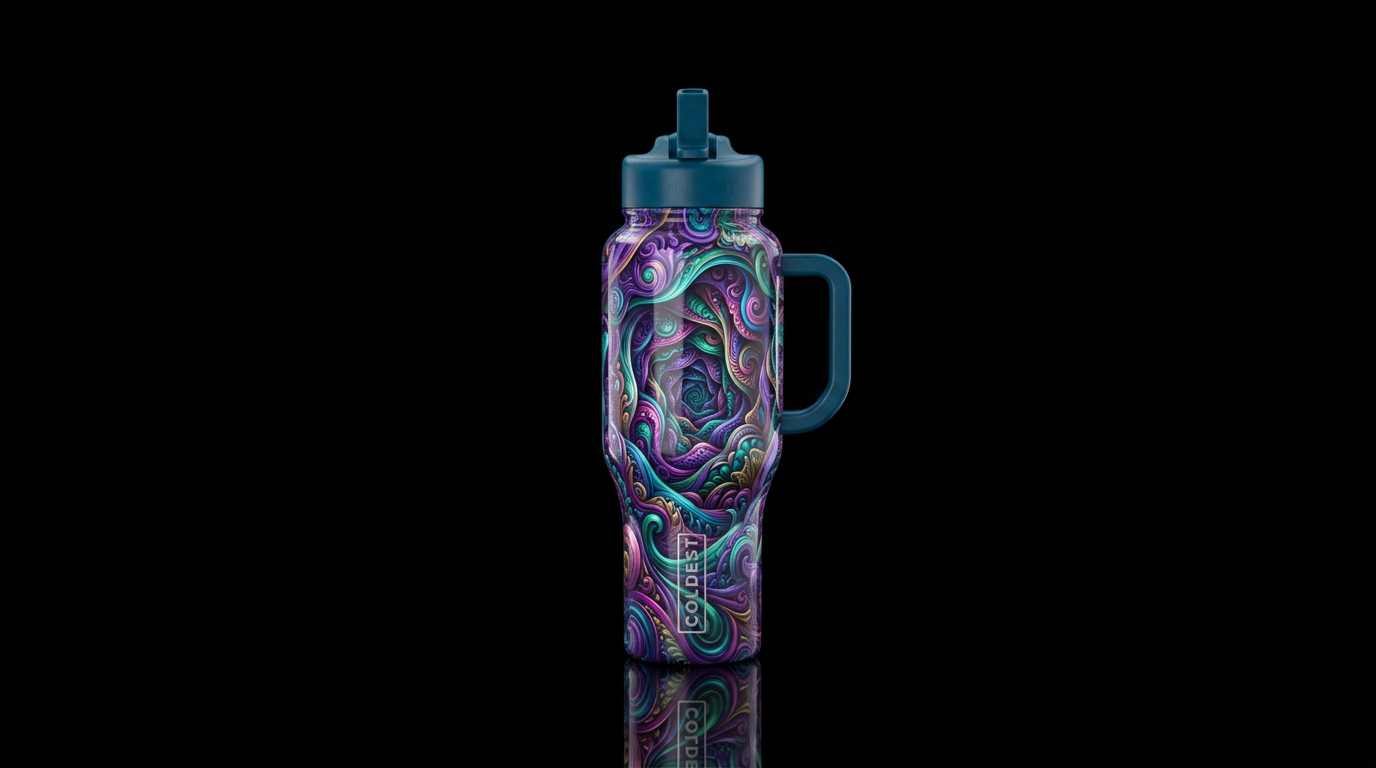 Into the fold,maximalist, glossy,glowie, trompe-l'... water bottle design
