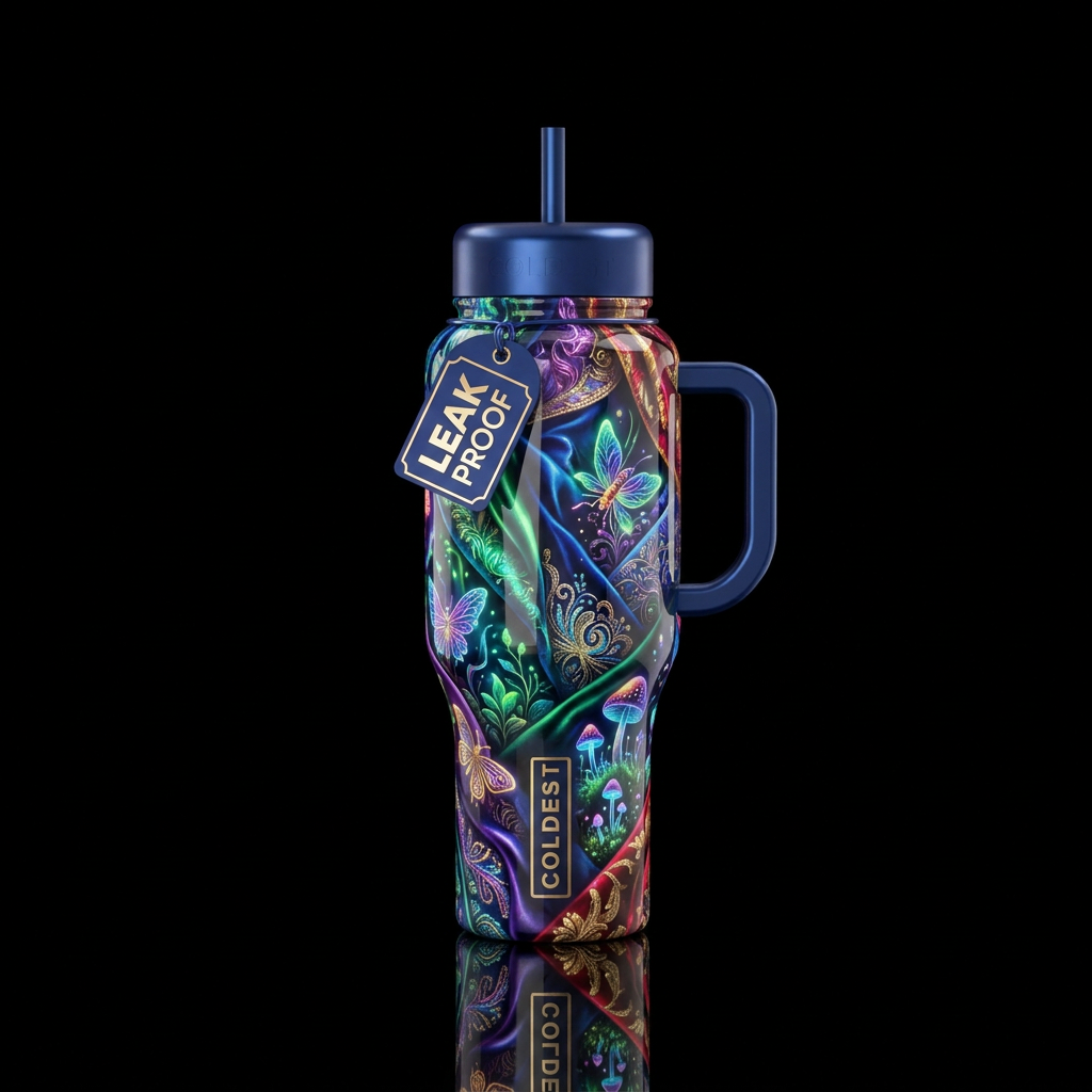 Into the fold,maximalist, glossy,glowie, trompe-l'... water bottle design