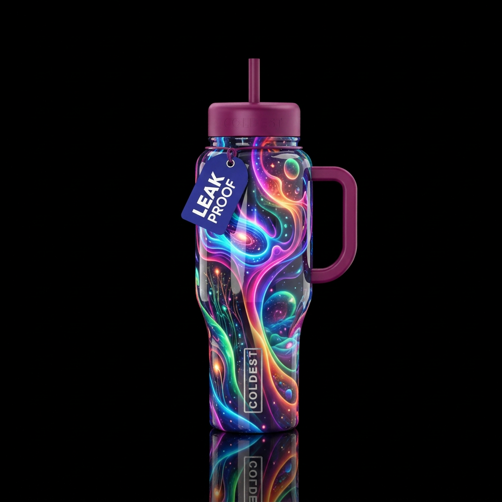 Gradiently into the fold,maximalist, glossy, glowi... water bottle design