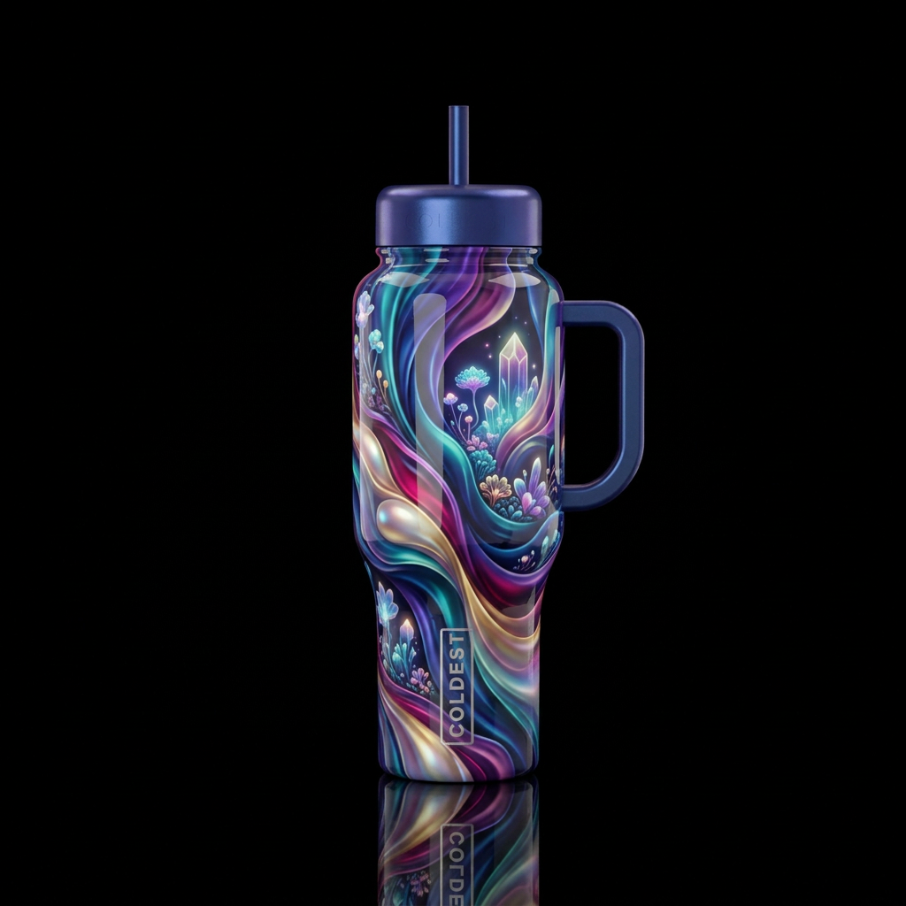 Gradiently into the fold,maximalist, glossy, glowi... water bottle design