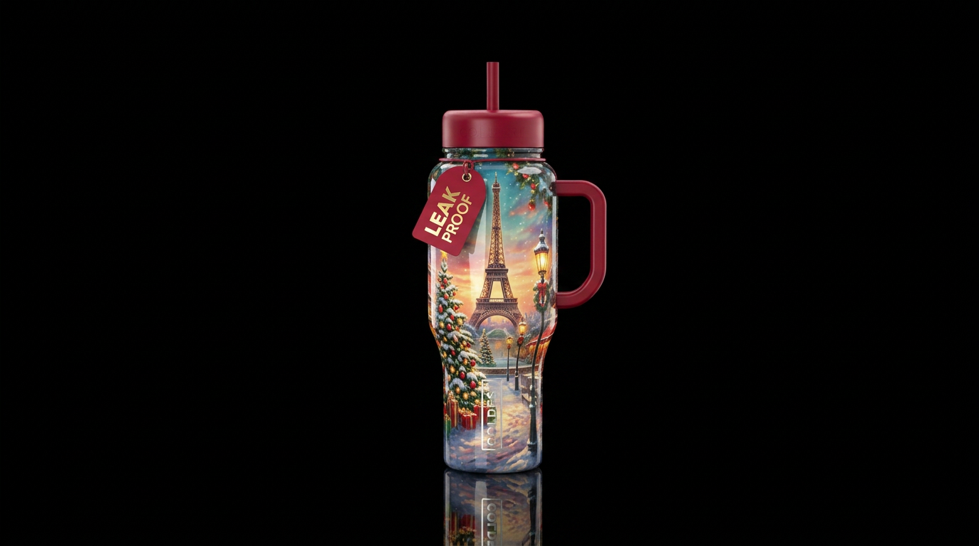 Christmas in Paris, glossy, glowie, trompe-l'œil, ... water bottle design
