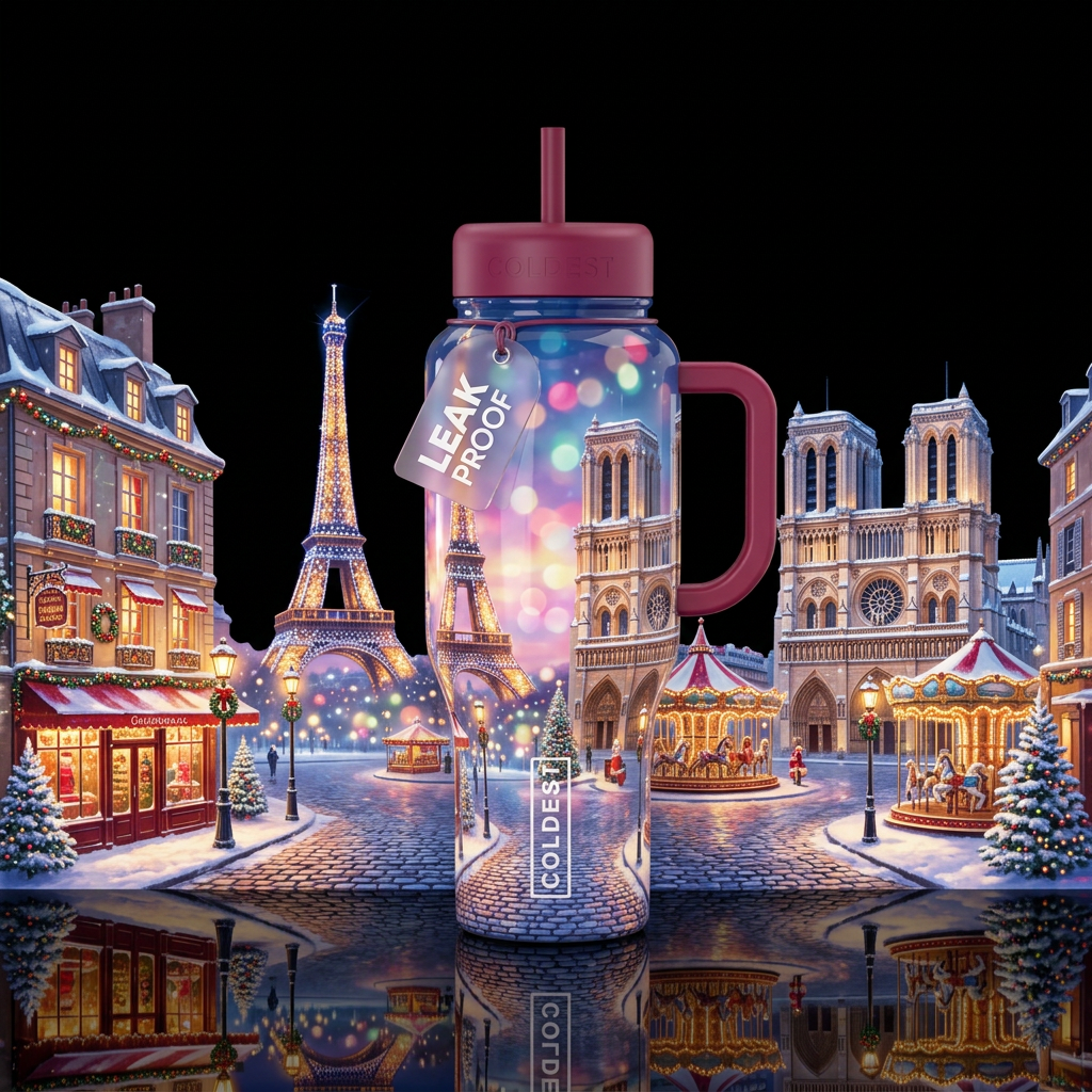 Christmas in Paris, glossy, glowie, trompe-l'œil, ... water bottle design