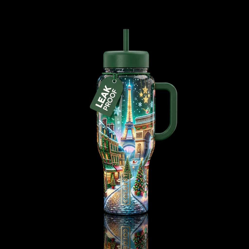 Christmas in Paris, glossy, glowie, trompe-l'œil, ... water bottle design