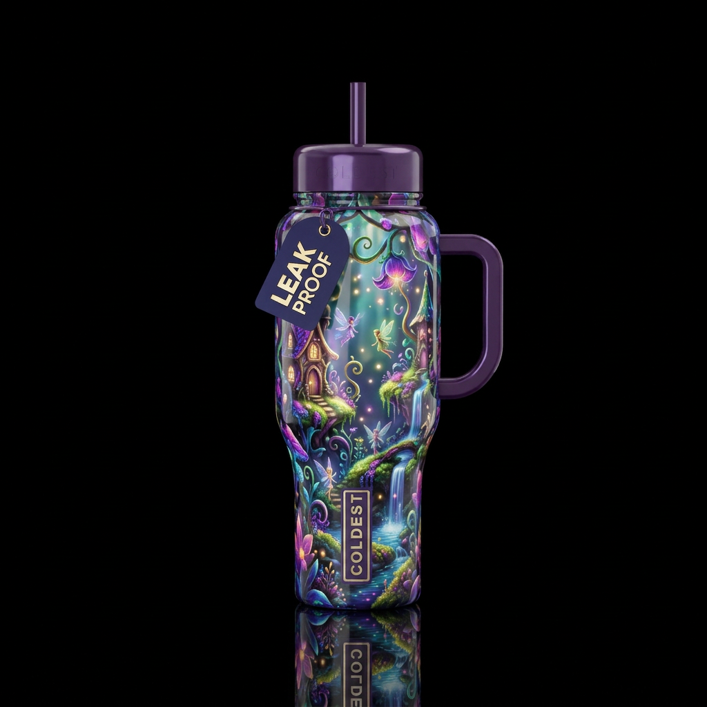 Lush extravagant fae realm,whimsical, glossy, glow... water bottle design