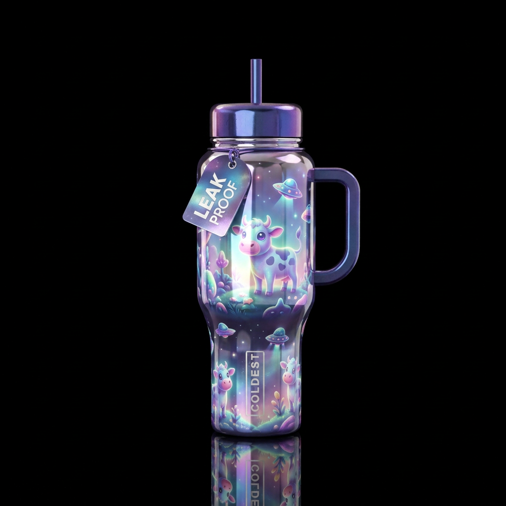 Alien cows,whimsical,glossy, glowie, trompe-l'œil,... water bottle design