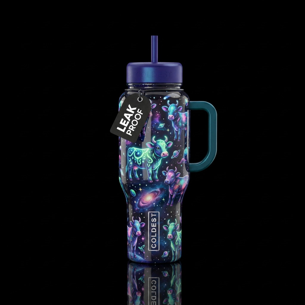 Alien cows,whimsical,glossy, glowie, trompe-l'œil,... water bottle design