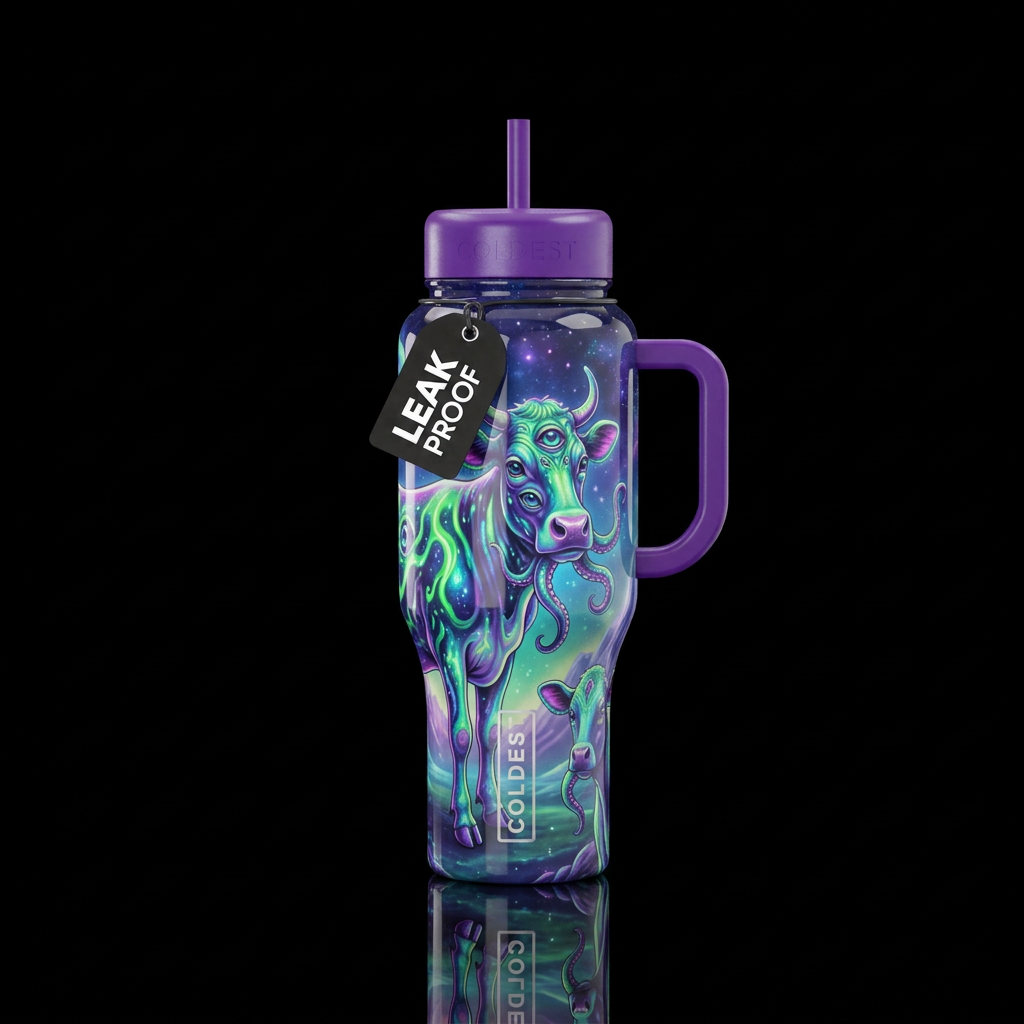 Alien cows,whimsical,glossy, glowie, trompe-l'œil,... water bottle design