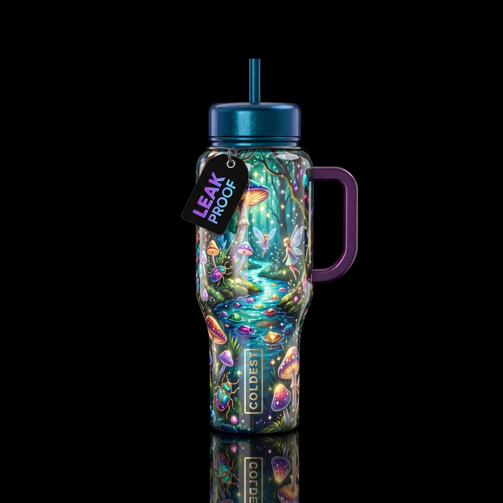 sparkly, vibrant, glowie whimsical, glossy, trompe... water bottle design