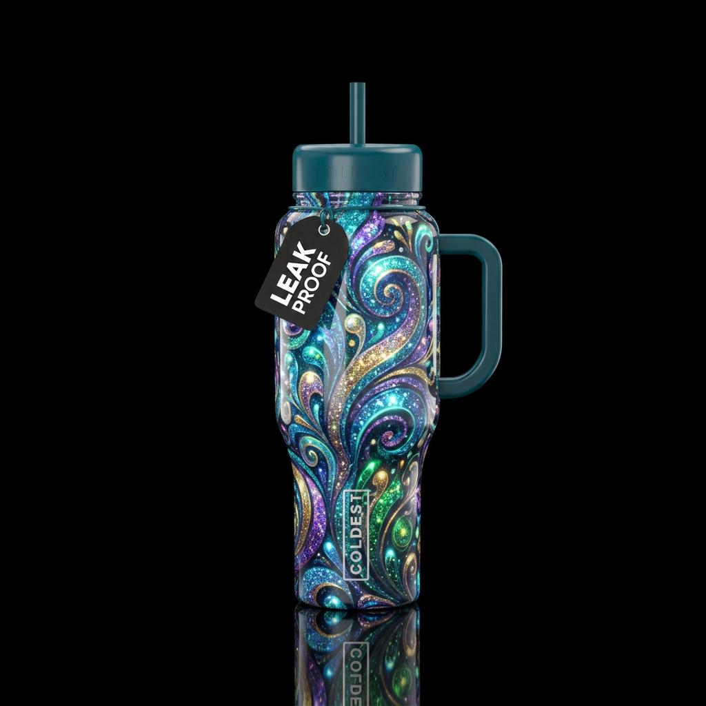 sparkly, vibrant, glowie whimsical, glossy, trompe... water bottle design