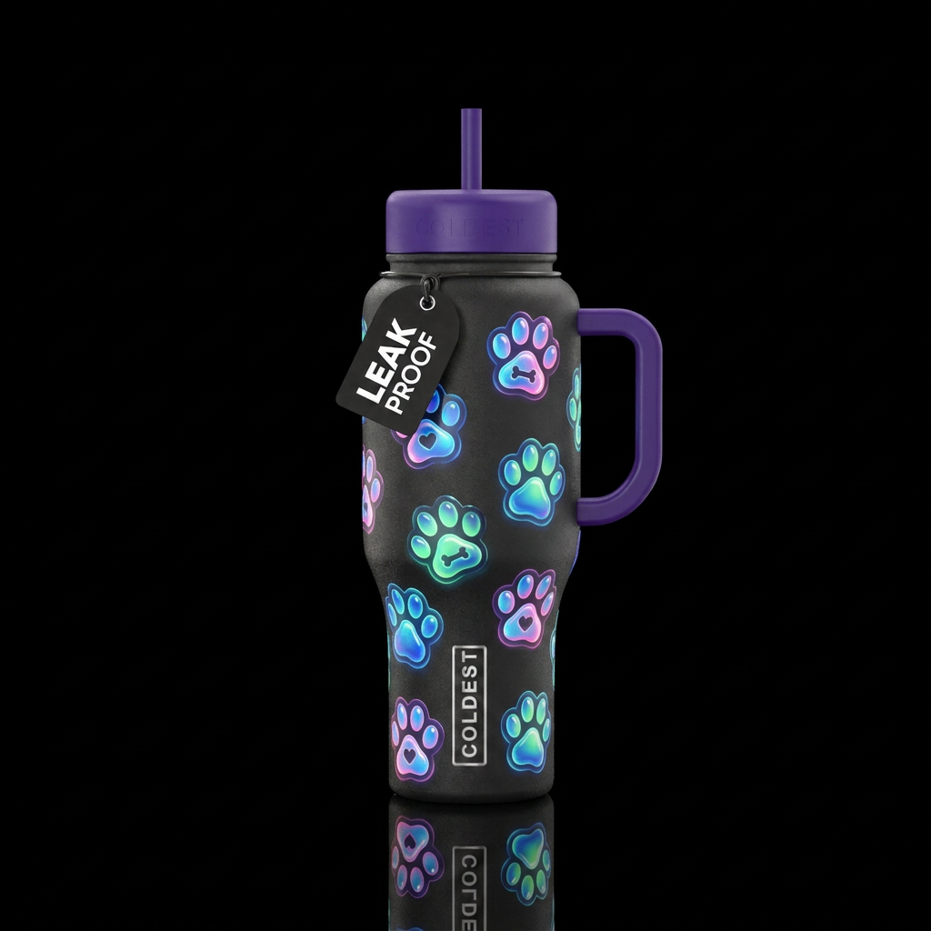 Whimsical paw prints, glossy, glowie, trompe-l'œil... water bottle design