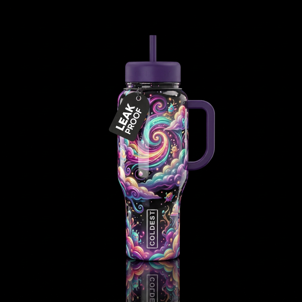 chaotic, whimsical, inbued, glossy, glowie, trompe... water bottle design