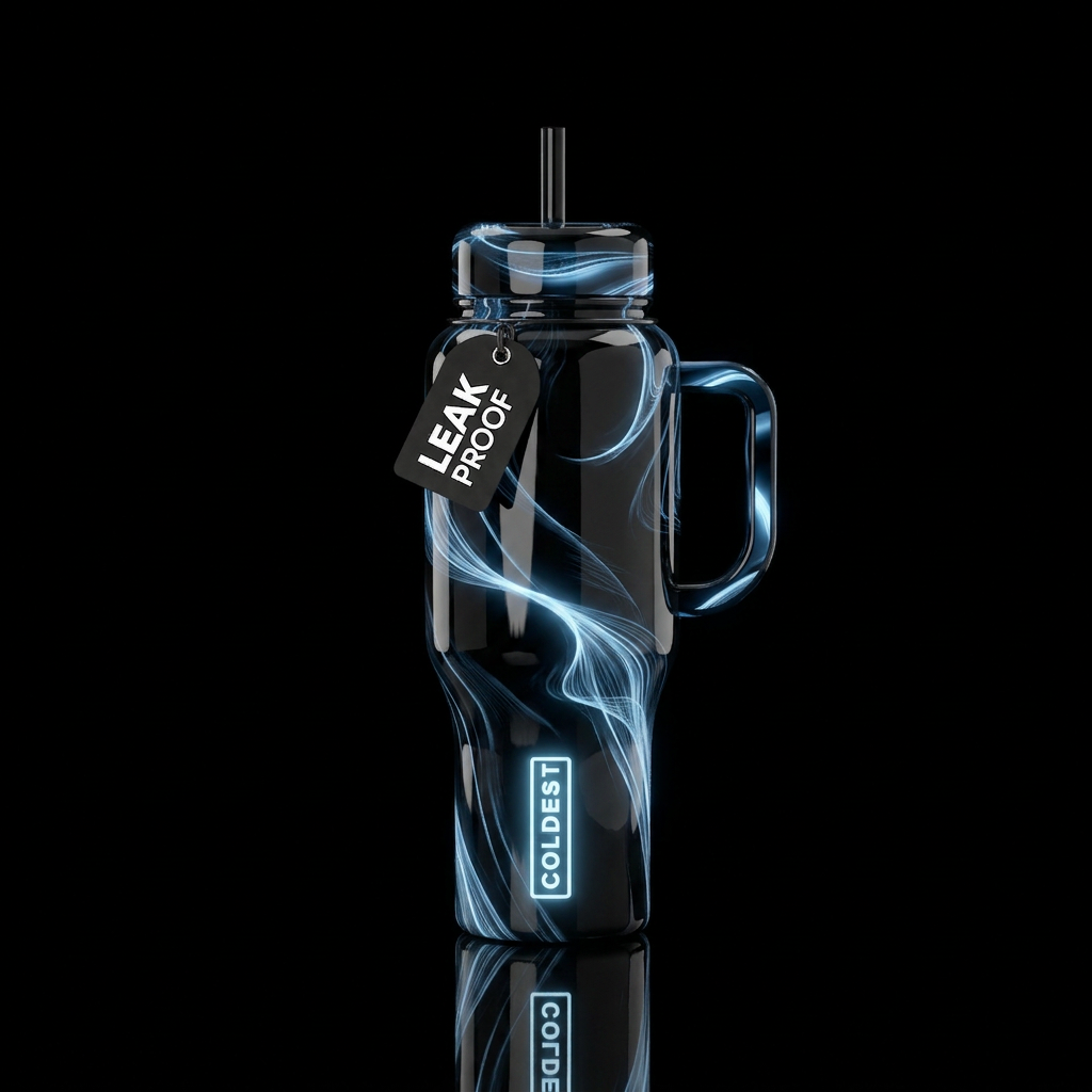 Glossy black, pale glowie blue tracers, glossy, gl... water bottle design