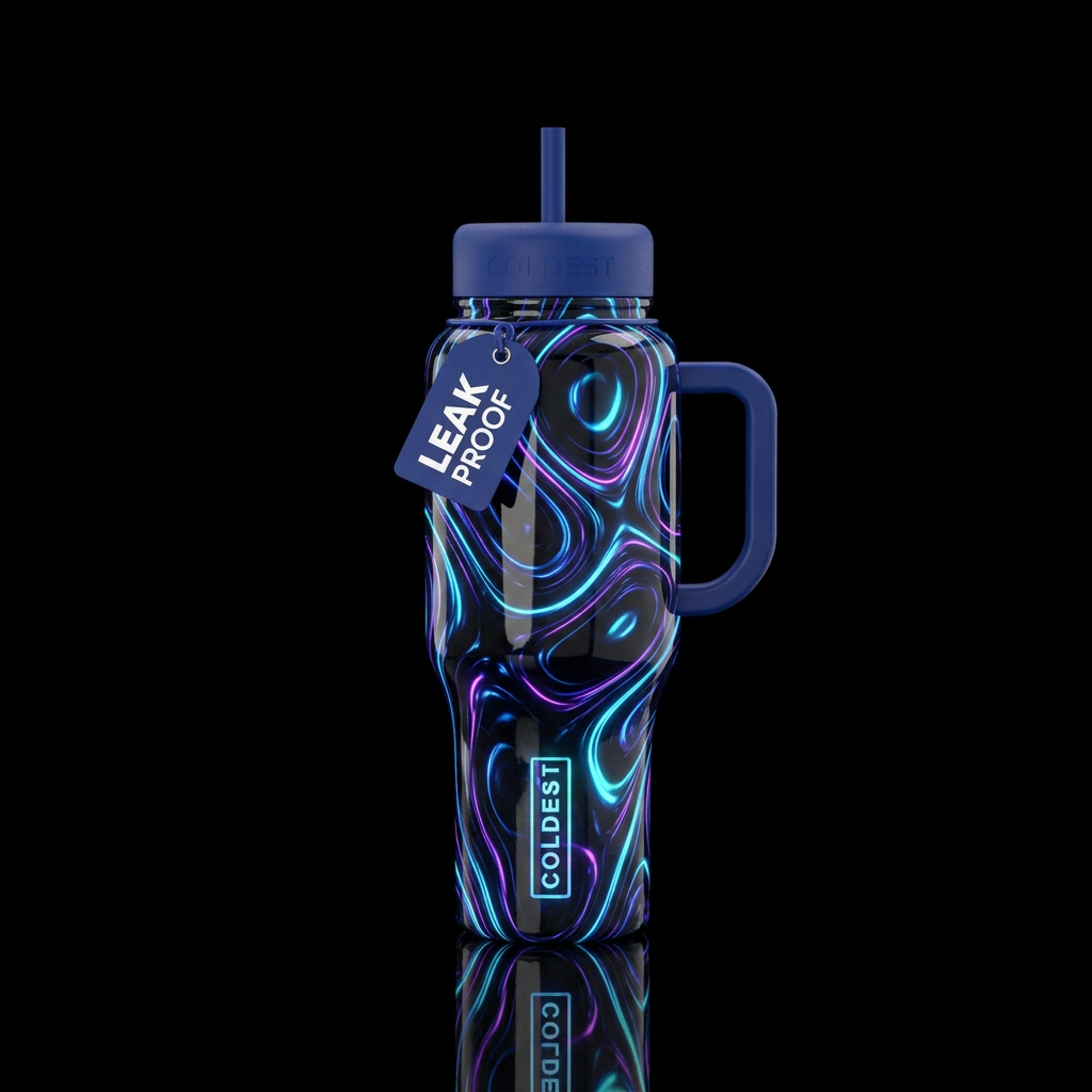 Imbued vibrant tracers, glossy, glowie, trompe-l'œ... water bottle design