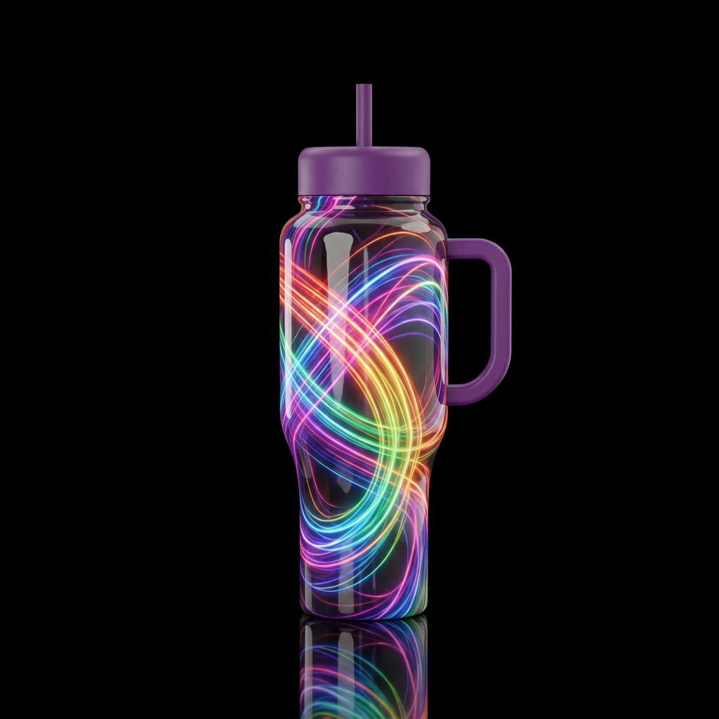 Imbued vibrant tracers, glossy, glowie, trompe-l'œ... water bottle design