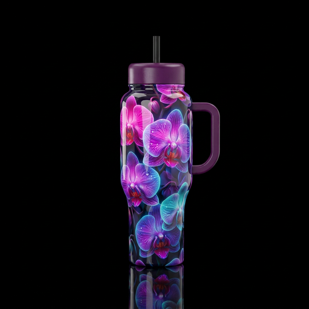 Orchid pop,glossy, glowie, trompe-l'œil, beautifer... water bottle design