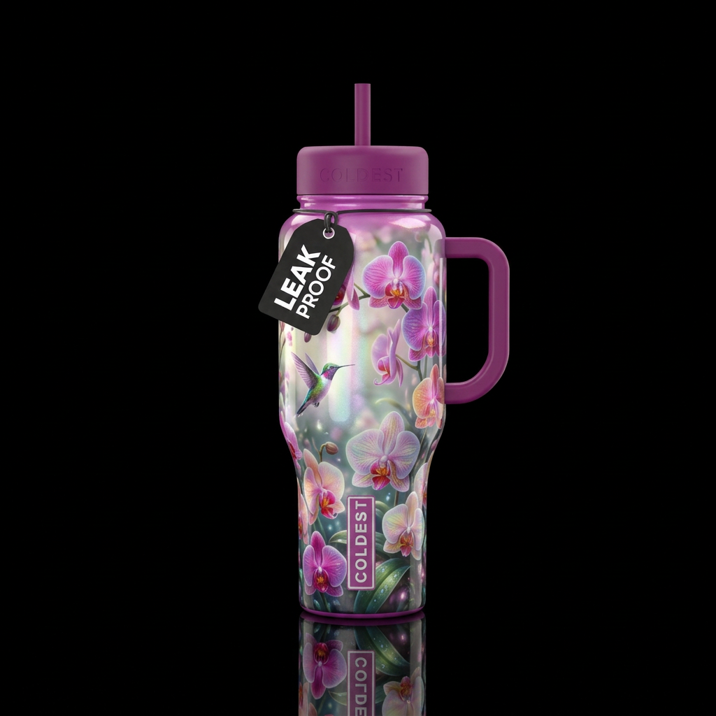 Orchid pop,glossy, glowie, trompe-l'œil, beautifer... water bottle design