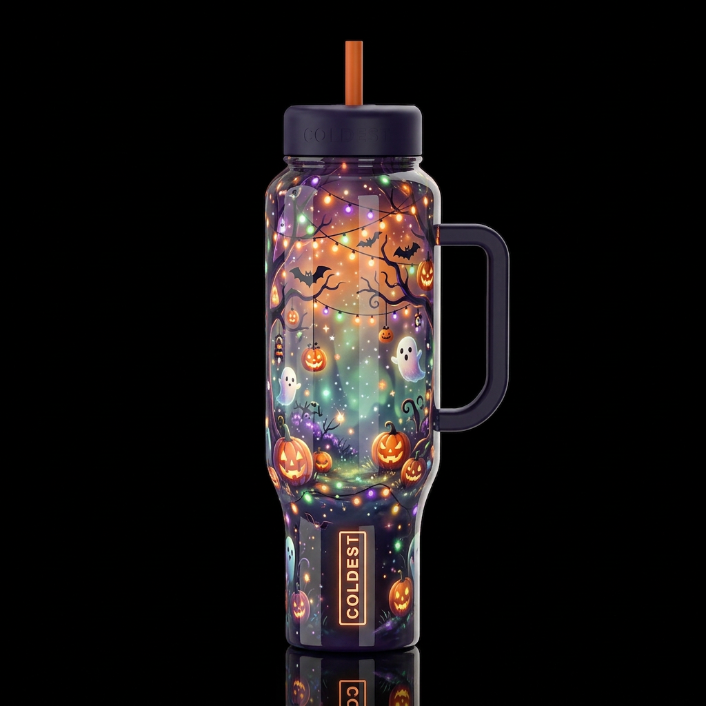 Decorating for Halloween, whimsical, glossy, glowi... water bottle design