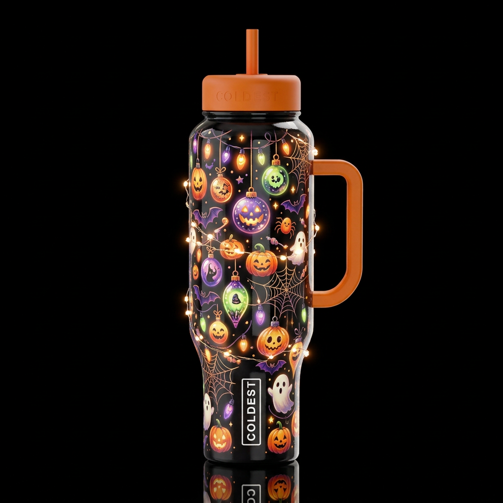 Decorating for Halloween, whimsical, glossy, glowi... water bottle design
