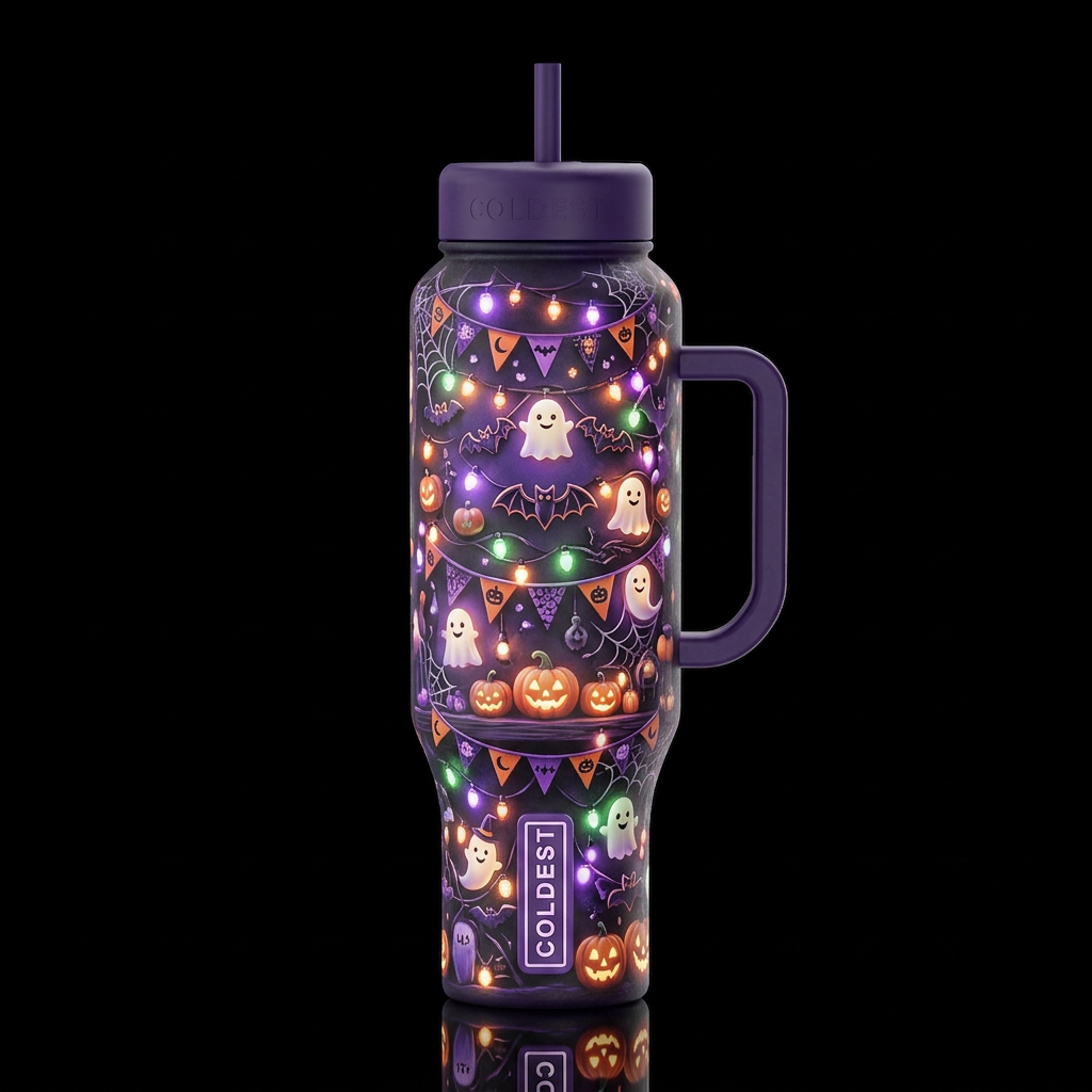 Decorating for Halloween, whimsical, glossy, glowi... water bottle design