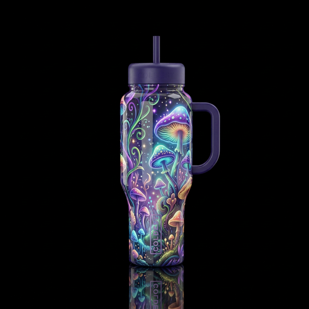 Magic mushroom elixir, glossy, glowie, trompe-l'œi... water bottle design