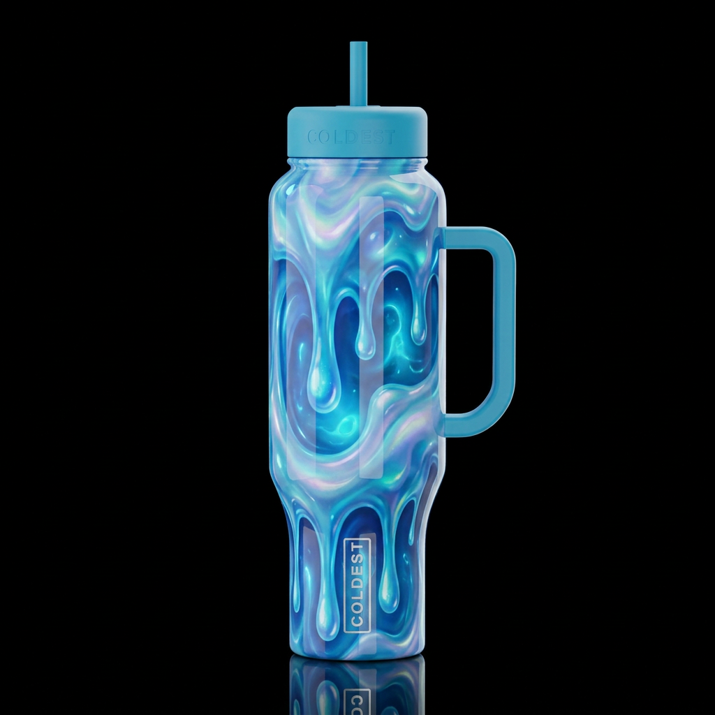 Toxic blue ooze, glossy, glowie, trompe-l'œil, bea... water bottle design