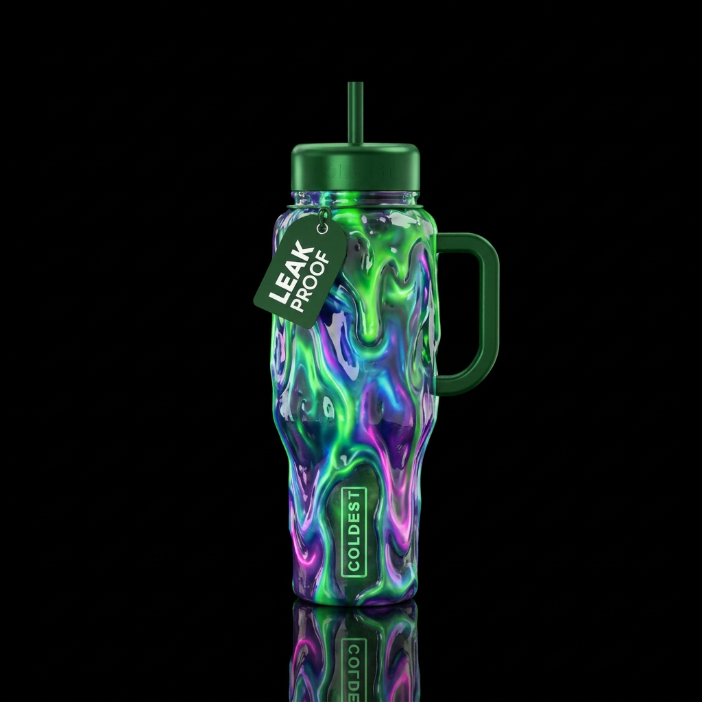 vibrant toxic ooze, whimsical, glowie, glossy, tro... water bottle design