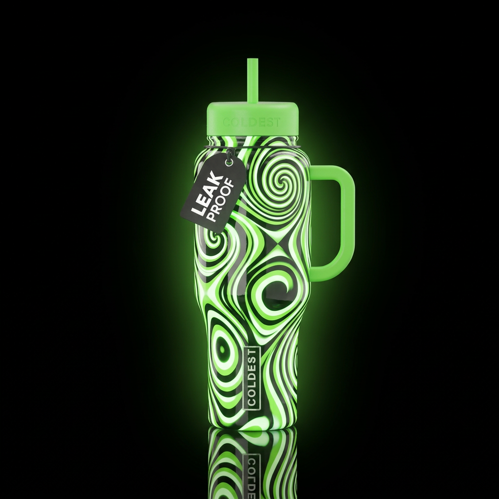 Black white and glowie toxic green,glossy, glowie,... water bottle design
