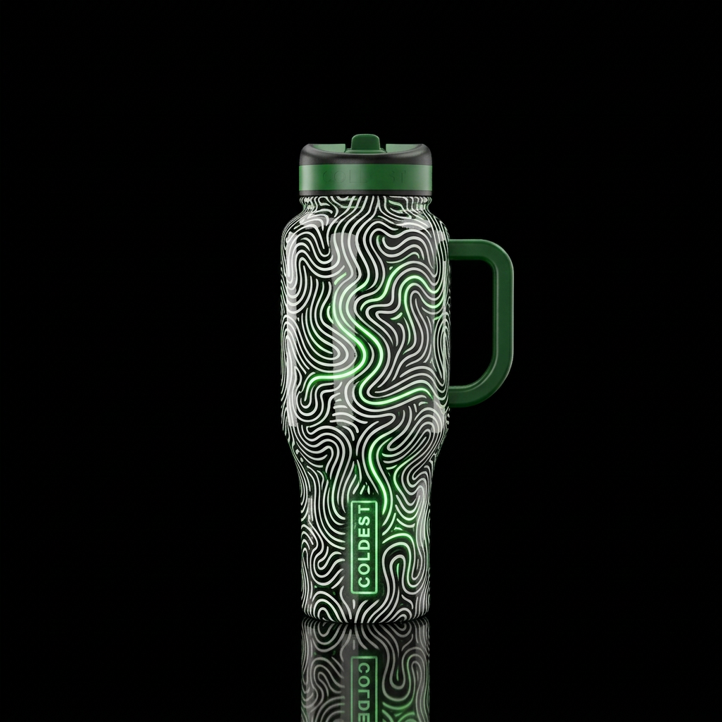 White and black squigglles glowie toxic green, glo... water bottle design
