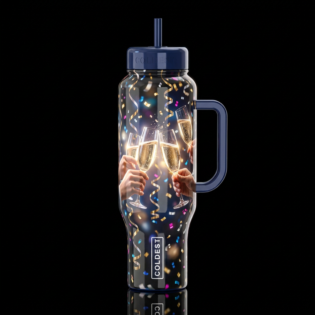 Champagne glasses cheering, confetti and streamers... water bottle design