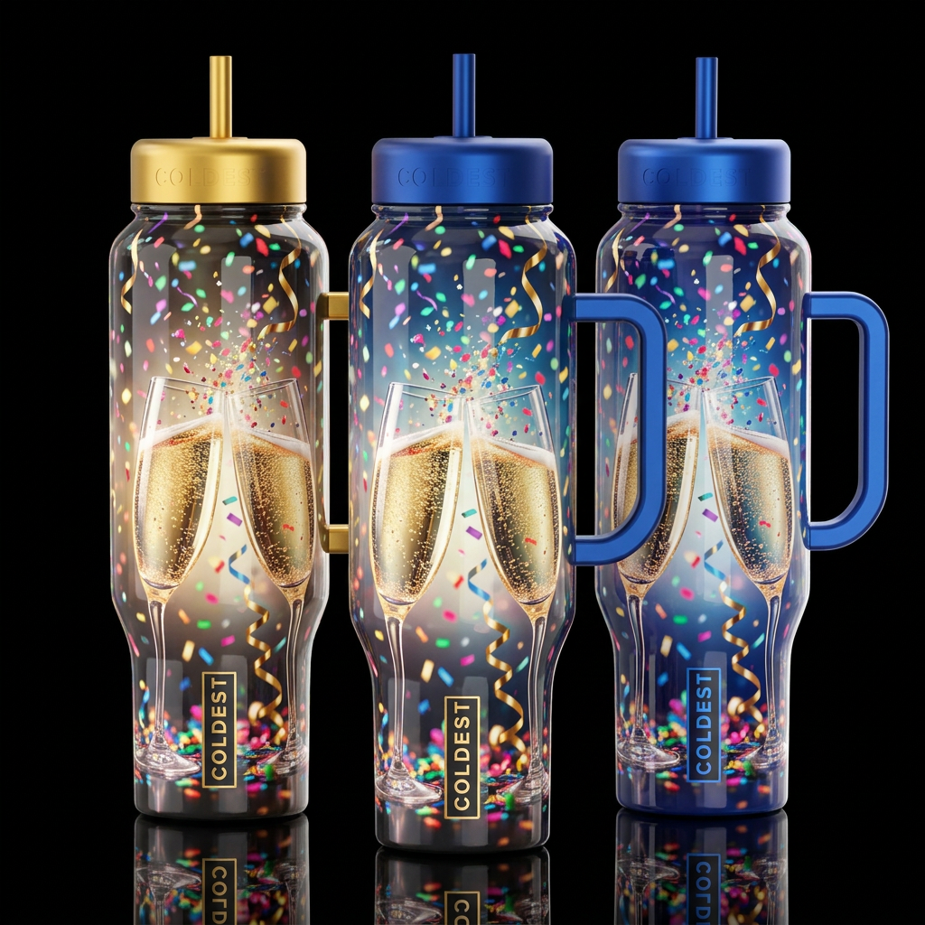 Champagne glasses cheering, confetti and streamers... water bottle design