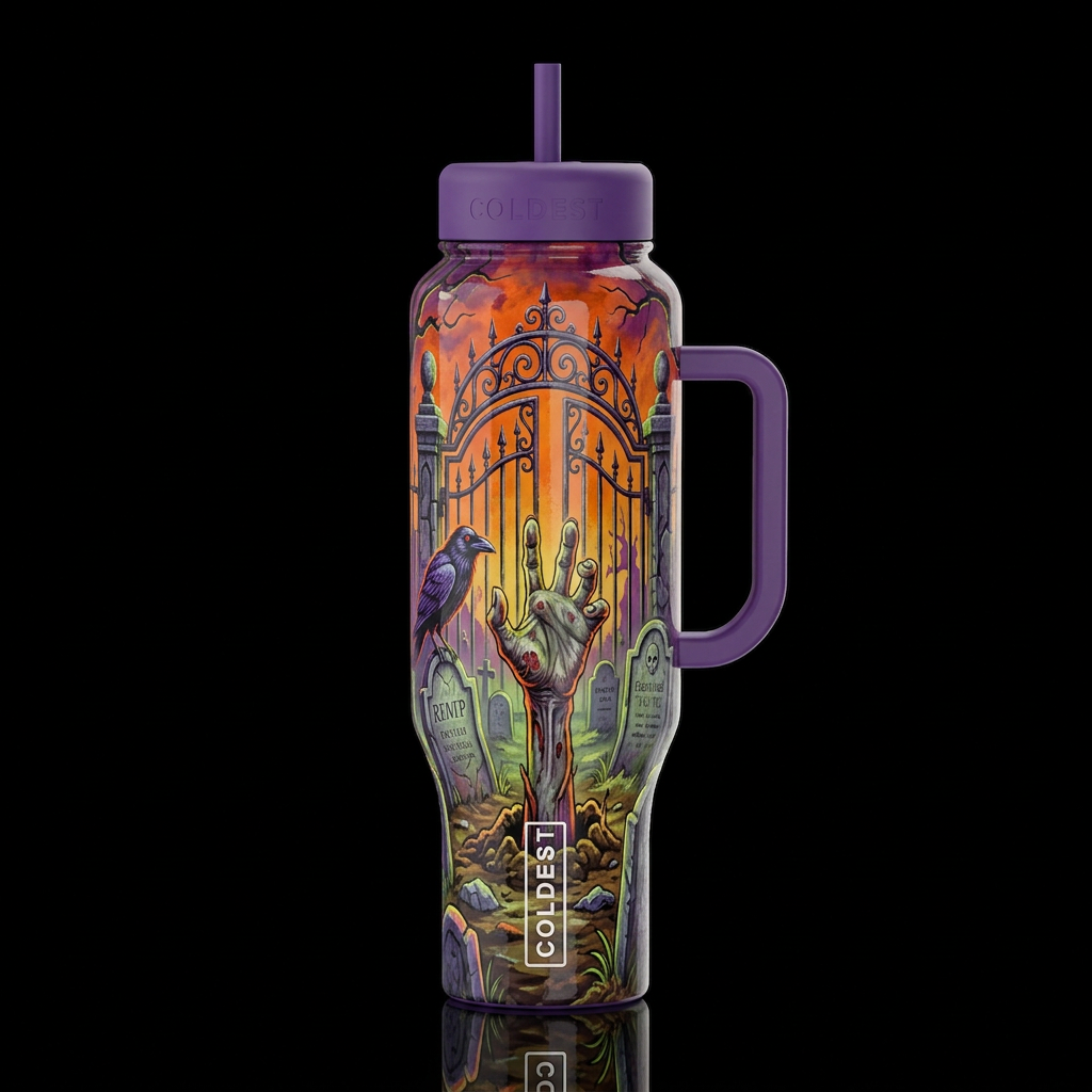 Hand reaching up from the ground, raven near, tomb... water bottle design