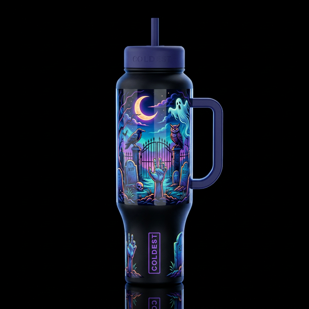 Hand reaching up from the ground, raven near, tomb... water bottle design