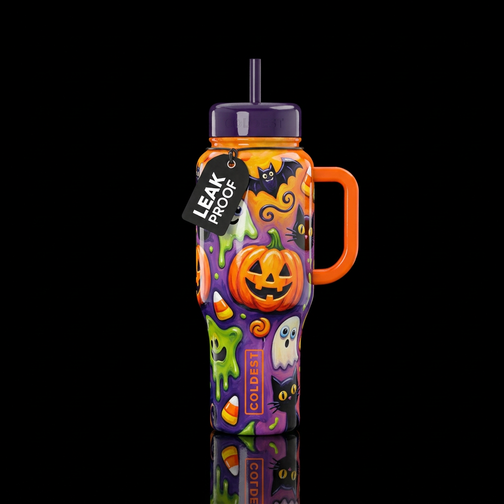 Glossy; trompe-l'œil, whimsy Halloween water bottle design