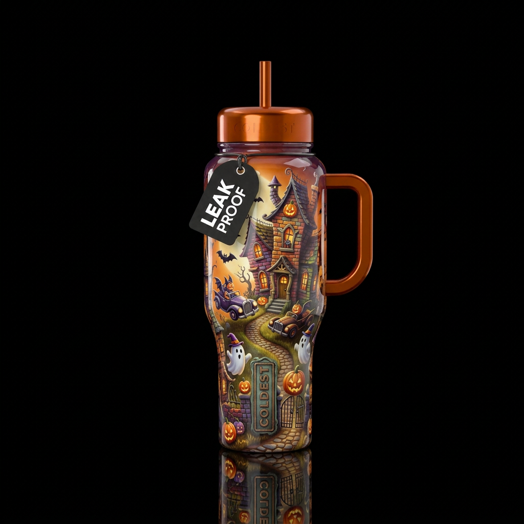Glossy; trompe-l'œil, whimsy Halloween water bottle design